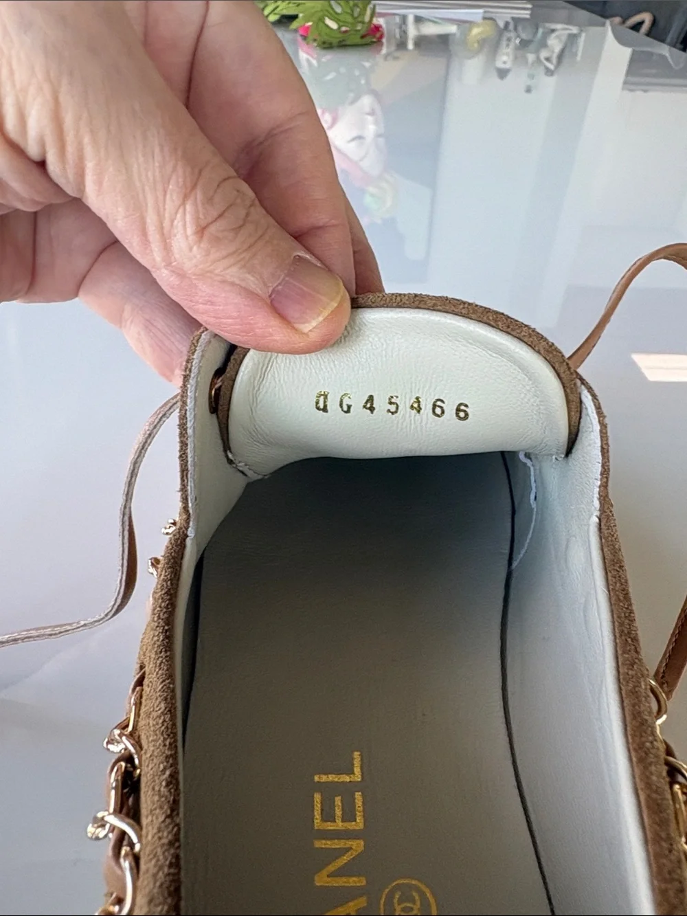 CHANEL Brown Suede & White Toe Cap Lace-Up Shoes with Chain Trim